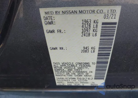 2021 Nissan Altima Sr z USA, uszkodzony, nr VIN 1N4BL4CV0MN369762